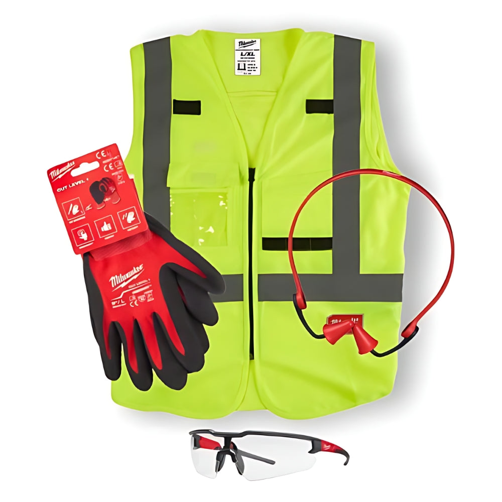 Safety Kit 2.0 Milwaukee Composto Da Gilet Alta Visibilità, Guanti Anti-Taglio CAT.1/A, Occhiali Di Sicurezza, Archetto Con Tappi Antirumore