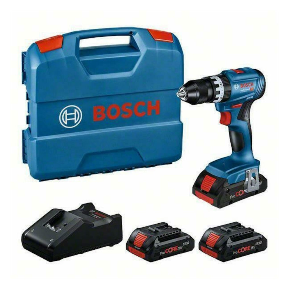 Trapano Avvitatore Con Percussione a Batteria Bosch GSB 18V-45 18V + 3 Batterie ProCORE 4.0Ah + Caricabatterie + Valigetta L-Case – 0615A5002U