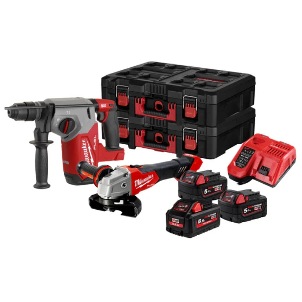 KIT M18 FPP2AY-553P Milwaukee SDS PLUS Hammer Drill M18 FHX-0 + Angle Grinder M18 FSAG125X-0 + 1 5.5 AH Battery M18 HB5.5 + 2 5.0 AH Batteries M18 B5 + 1 M12-18 FC Charger + 2 PACKOUT Cases