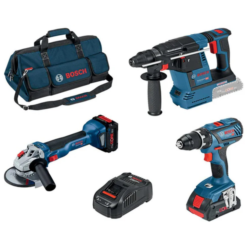 Kit Bosch 18V Brushless Martello Tassellatore+ Smerigliatrice + Trapano Avvitatore con 2 batterie ProCore 18V, caricabatterie e borsone - 0615990M3C