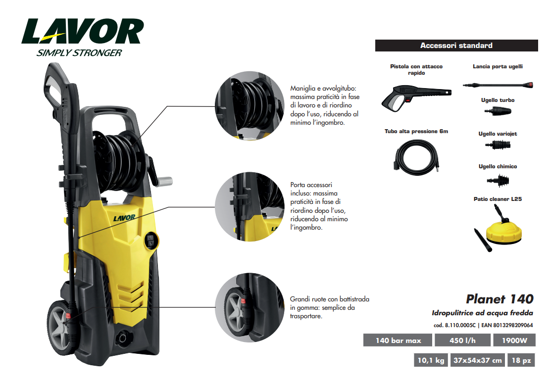 Idropulitrice Ad Acqua Fredda Lavor Planet 140, Portata 450 l/h E Pressione 140 bar
