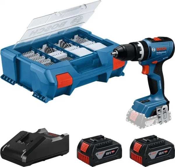OFFERTA SPECIALE BOSCH Trapano Avvitatore A Percussione Bosch Professional GSB 18V-25 Con 63 Accessori + 2 Batterie 18V da 2,0Ah + Caricabatterie - 06019K9304