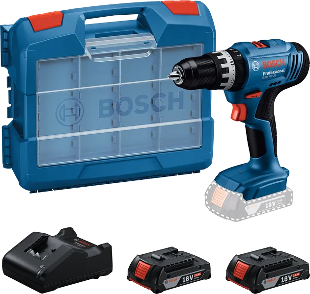 OFFERTA SPECIALE BOSCH Trapano Avvitatore A Percussione Bosch Professional GSB 18V-25 Con 63 Accessori + 2 Batterie 18V da 2,0Ah + Caricabatterie - 06019K9304