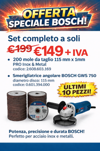 OFFERTA SPECIALE  Smerigliatrice Angolare Bosch GWS 750 Professional 115mm 750W + 200 Mole Dischi Da Taglio 115mmX1mm Pro Inox & Metal