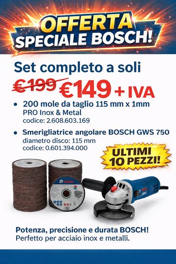 OFFERTA SPECIALE  Smerigliatrice Angolare Bosch GWS 750 Professional 115mm 750W + 200 Mole Dischi Da Taglio 115mmX1mm Pro Inox & Metal